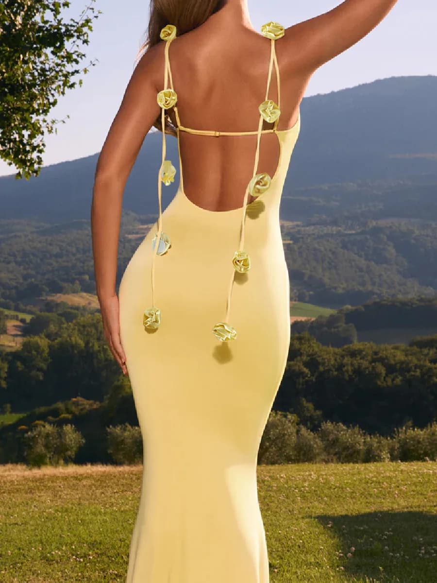 Sexy Long One Shoulder Backless Dress with 3D Flower Decoration Cross-Border New Women's Fashion Evening Gown