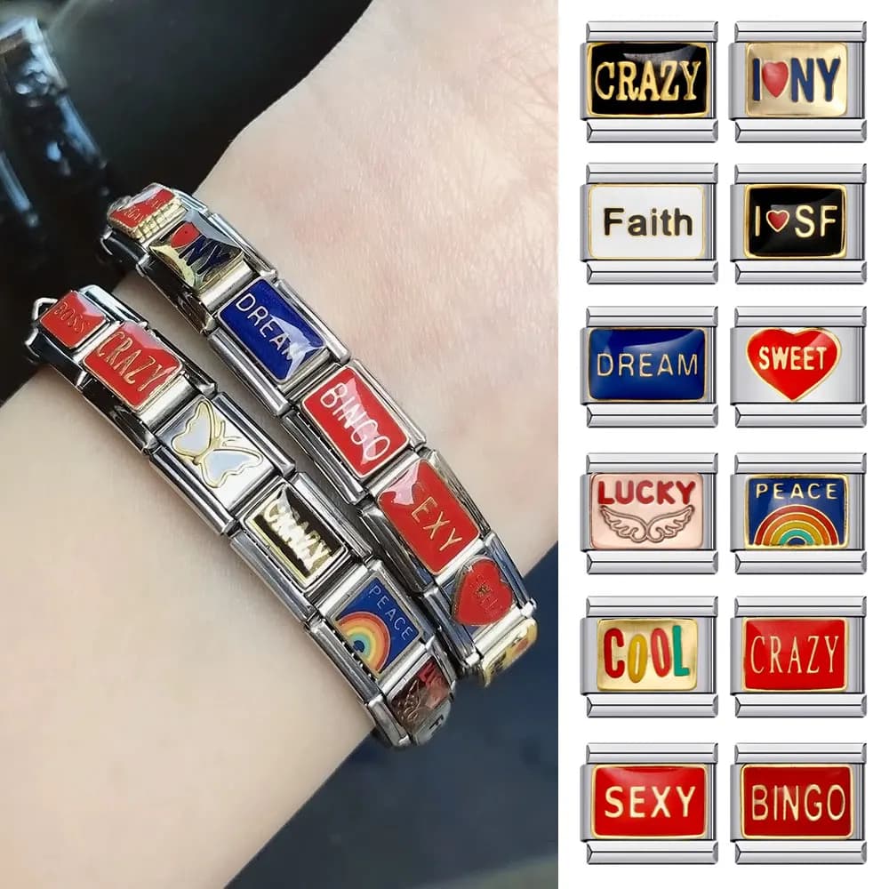 LUCKY DREAM COOL SEXY CRAZY BINGO FAITH Glaze Italian Charm Link Personalized 9mm Bracelet Stainless Steel Making DIY Jewelry