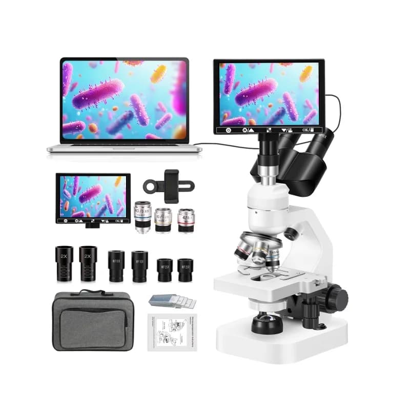 Microscopio biologico digitale trinoculare con display HD da 7 pollici per laboratorio ed educazione, microscopio ottico compatibile con fotocamere