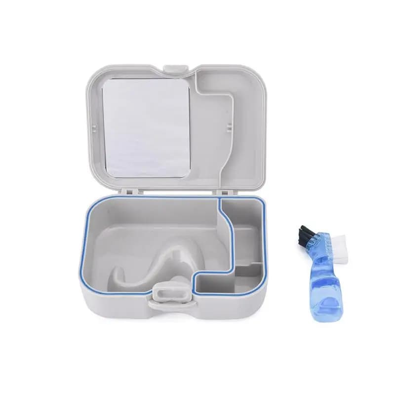 1 Set Denture Storage Box With Mirror And Cleaning Brush Portable False Teeth Container For Travel Daily Dental Care