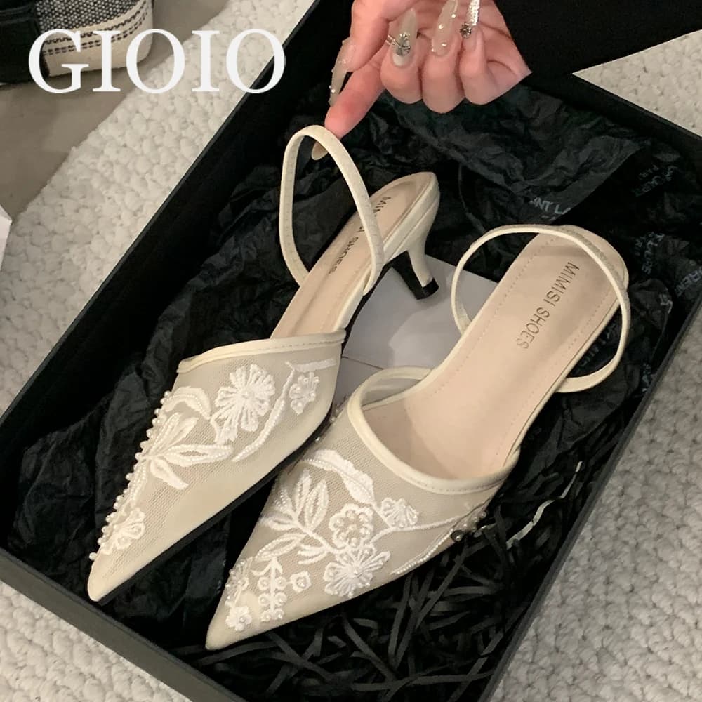 Scarpe da Donna di Marca con Tacco Alto, Bianche, con Fiori Ricamati in Rete, Cinturino Posteriore, Sexy Slingback per Cerimonie e Matrimoni