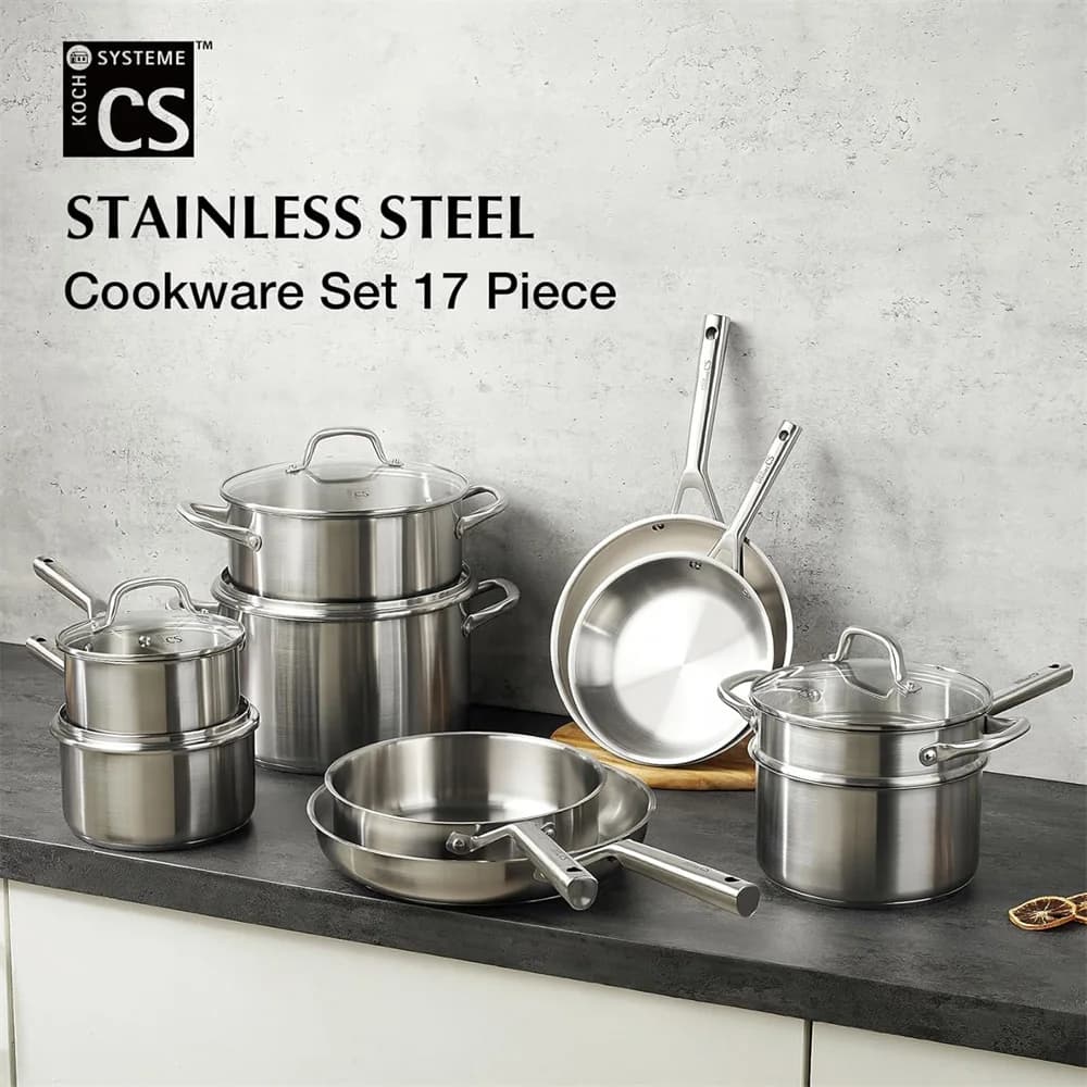 KOCH SYSTEME CS 17 Piece Stainless Steel Cookware Set Kitchen Saucepan Milk Pot Frying pan Professional 18/10 Stianless Steel Pots and Pans Set 5-Layer Stainless Base Induction Ready