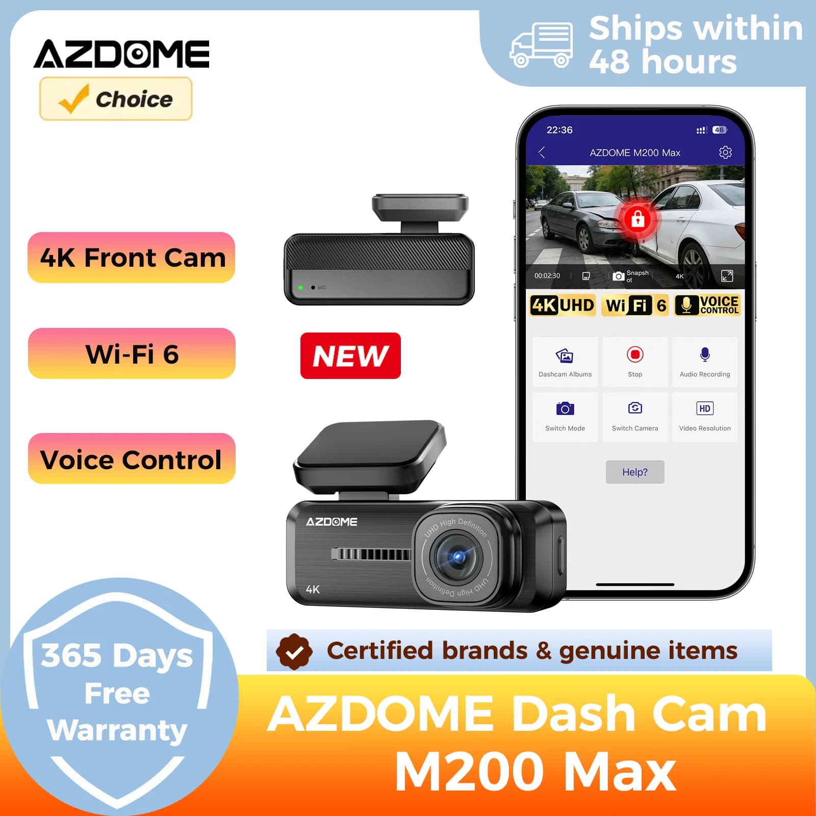 AZDOME 4K Dash Cam M200 Max English Vocal Control Car DVR Wi-Fi 6 G-Sensor Dash Car Room Night Vision 24H Parking Monitor