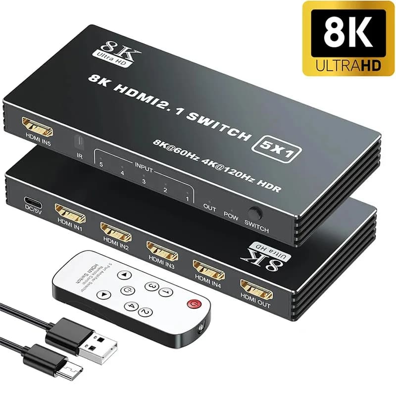 8K@60Hz HDMI 2.1 Switch 5x1 4K@120Hz HDMI Switcher Selector Box 5 in 1 out Support CEC 48gbps HDCP 2.3 HDR for PS5/PS4 Xbox HDTV