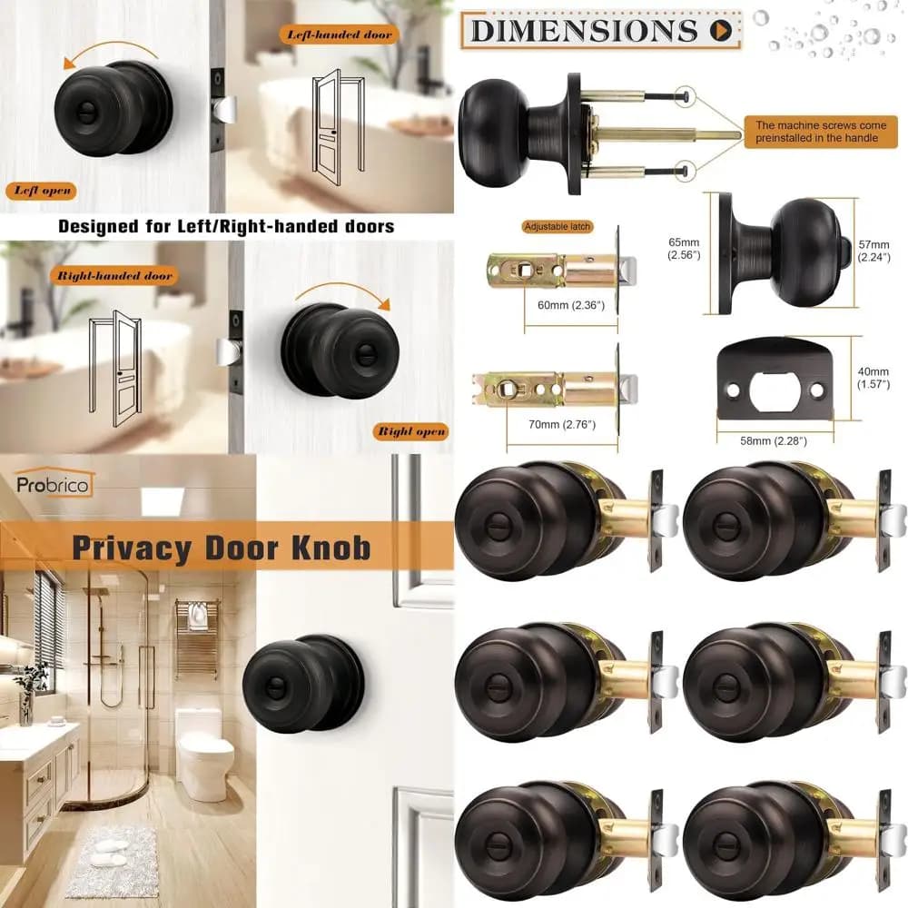 Set di 6 Maniglie per Porte Interne in Bronzo Oliato con Serrature per la Privacy e Pomello Rotondo per Camere da Letto e Bagni