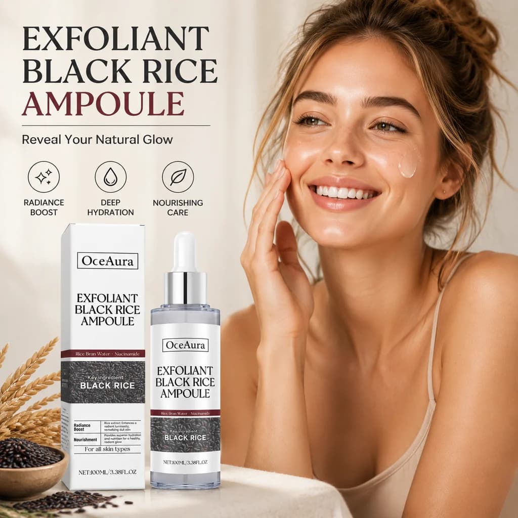 Black Rice Exfoliating Ampoule, Exfoliating Face Serum with Rice & Collagen, Facial Exfoliator for Dead Skin Cells, Gentle Smoothing Hydrating Skin Care Essence, Soft Smooth Radiant-Looking Skin, Korean Skincare, 100ml