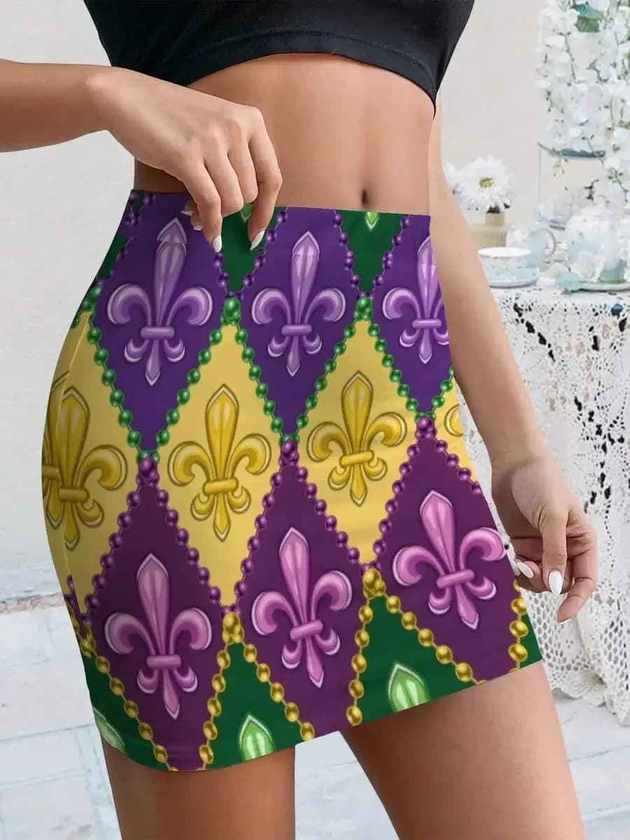 Women Summer Bodycon Skirt Mardi Gras Fleur De Lis Beads Pencil Skirt Purple Green Gold Funny Party Novelty Tee Cool Graphic