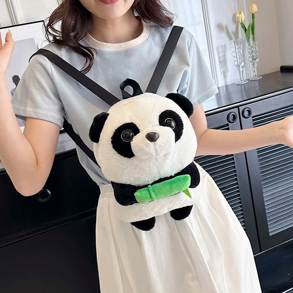 Cartoon Soft Fuzzy Panda Plush Backpack Adorable Bamboo Panda Doll Bag Portable School Travel Shoulder Bag Kawaii Style Gifts