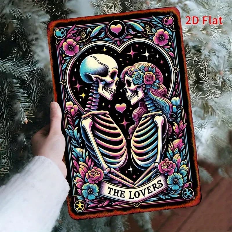 [2D Piatto] 1 pz. Targa in Metallo Scheletro degli Amanti Tarocchi Romantici - 29,97x19,81 cm, Arte Murale in Ferro, Design Floreale e Stellato Vibrante