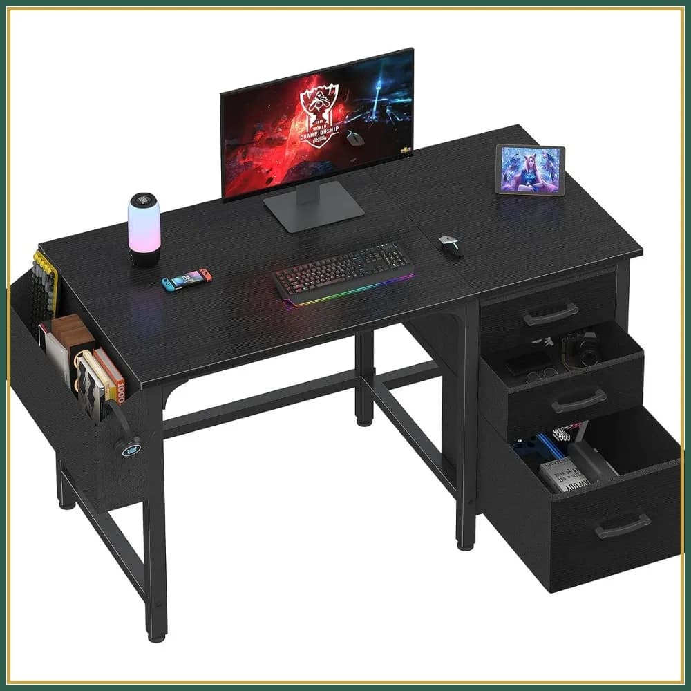 Scrivania Reversibile da 47 Pollici con Cassetti Portadocumenti per Spazi Ristretti, Tavolo da Gaming, Studio e Scrittura, Scrivania per PC, Nera