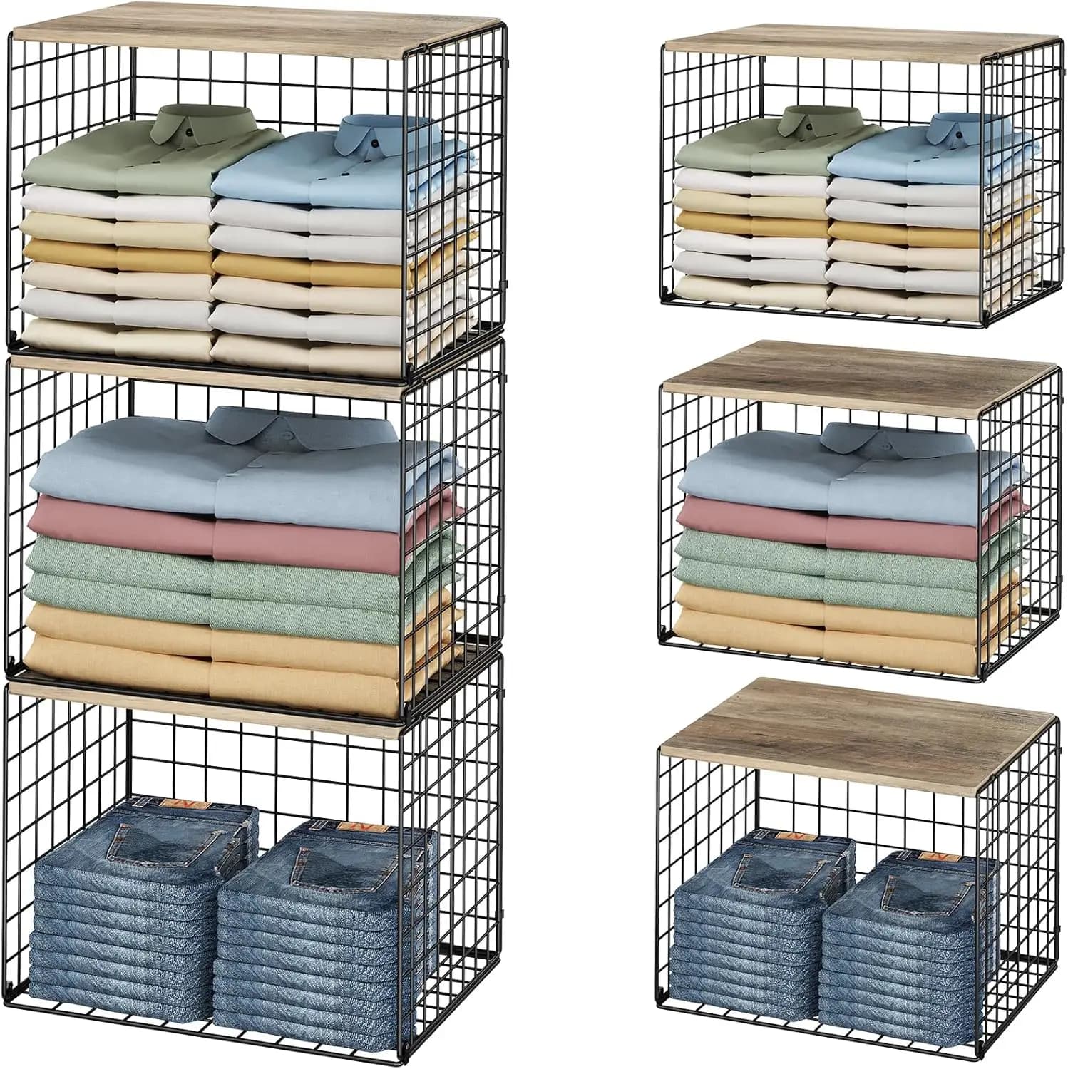 Set di 3 Organizzatori Impilabili per Armadio con Ripiano Superiore, Apertura Allargata per Vestiti Grandi, Scaffali Robusti per la Conservazione
