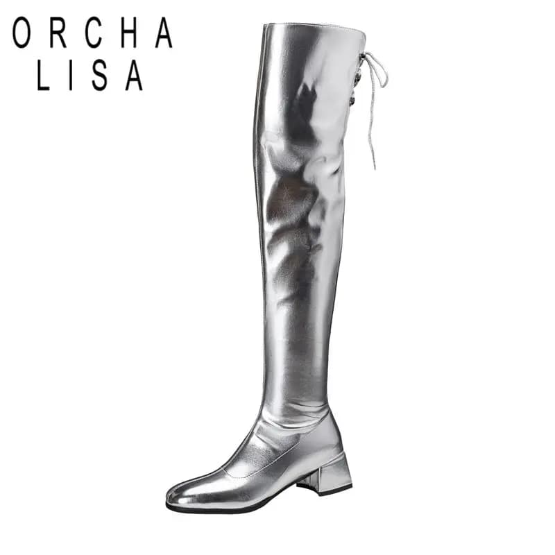 ORCHA LISA 2025 Sexy Female Thigh Boots Round Toe Block Heels 4.5cm Zipper Lace Up Big Size 44 45 46 Silver Over Knee High Bota