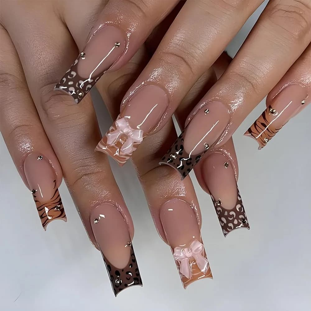 Leopard Print French Tip Full Cover Acrylic Nails with Rhinestone Charms, 24pcs for Nail Art Decor