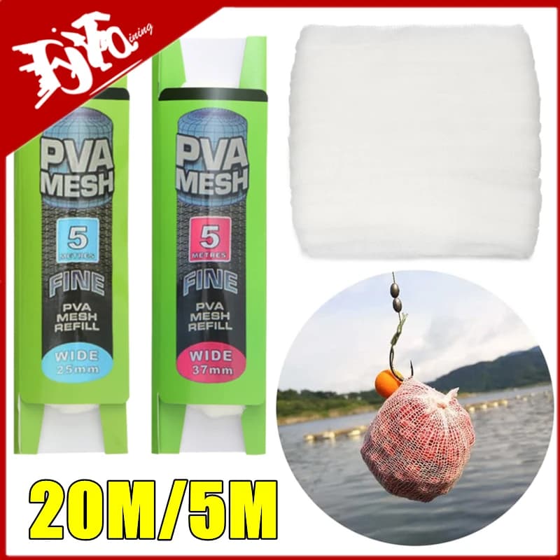 Nuovo 20m/5m PVA Maglia da pesca PVA Borsa da pesca Maglia Solubile in acqua Mesh Pesca alla carpa Feeder Trappola Esca Reti Strumenti di pesca 25/37/44mm