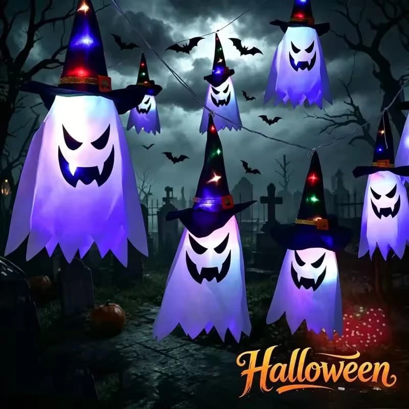 Halloween Glowing Witch Hat Lanterns Hanging Decor for Garden Porch Room Indoor Outdoor Holiday Party Props Decor,Ghost Light