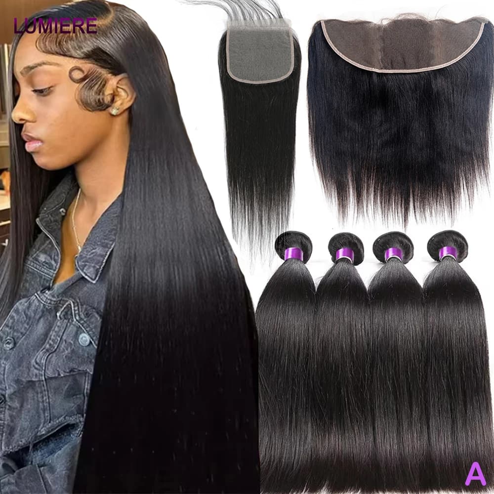 Smooth band with raw virgin bone 18A with transparent HD front closure with lace closure and hair extension bundles