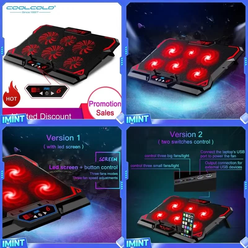 COOLCOLD 17inch Gaming Laptop Cooler Six Fan Led Screen Two USB Port 2600RPM Laptop Cooling Pad Notebook Stand For Laptop