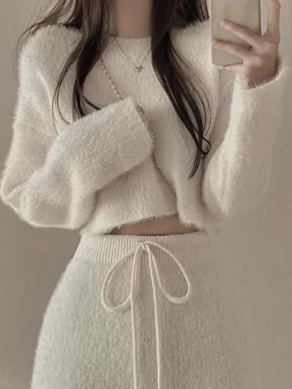 Chic Knitted Mink Sweater High Waist Wrap Body Skirt Two Piece Set Autumn Winter Fashion French Style Women's Ensemble