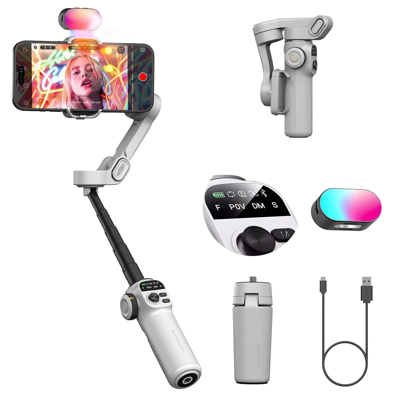 Aochuan Smart X2 Kit 3 axis portable cardanic stabilizer with integrated extension rod and LED for iPhone and Android phones