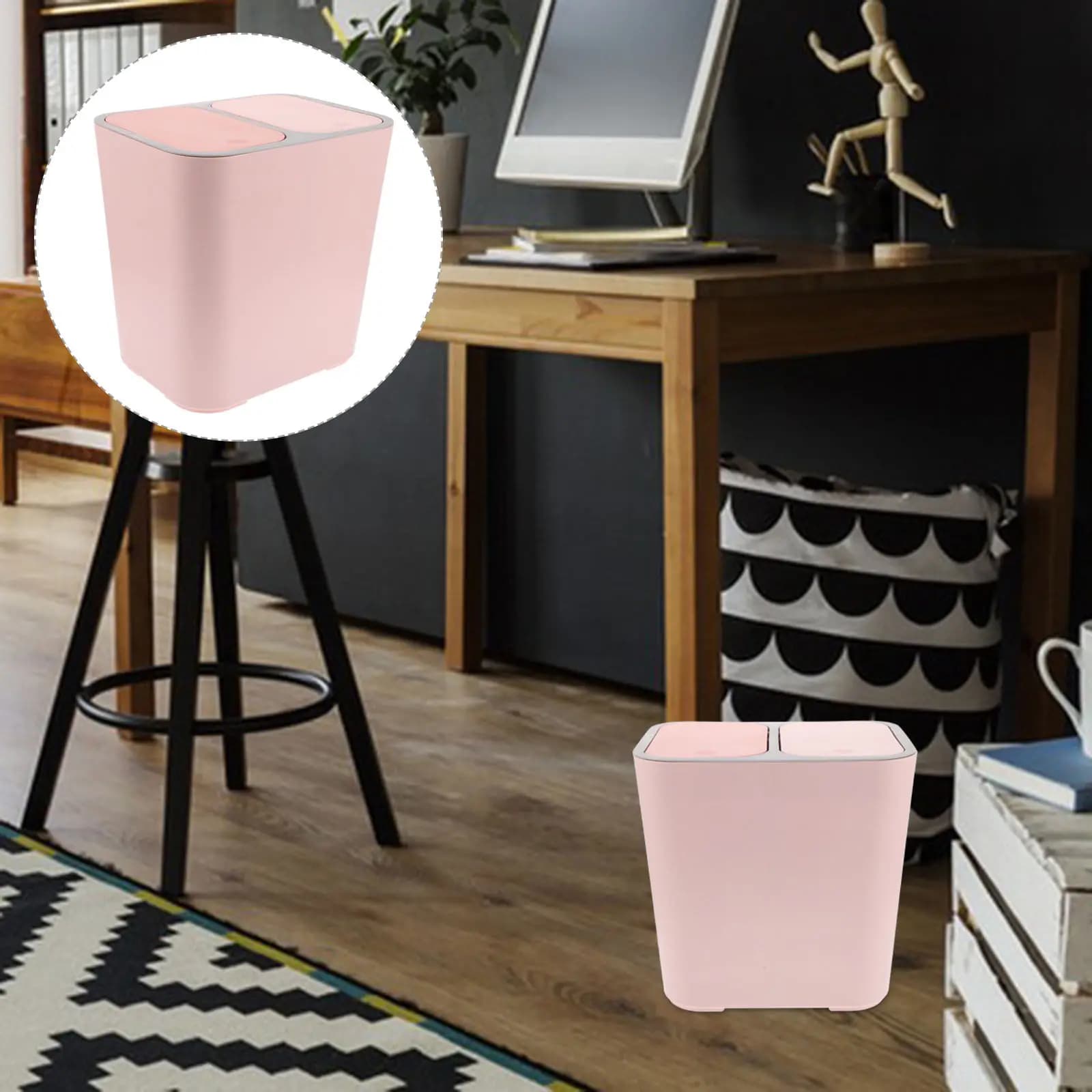 Cestino per Rifiuti Rosa a Doppio Scomparto, Costruzione Rinforzata, Separazione Rifiuti Secchi e Umidi per Cucina, Bagno, Soggiorno, Dormitorio