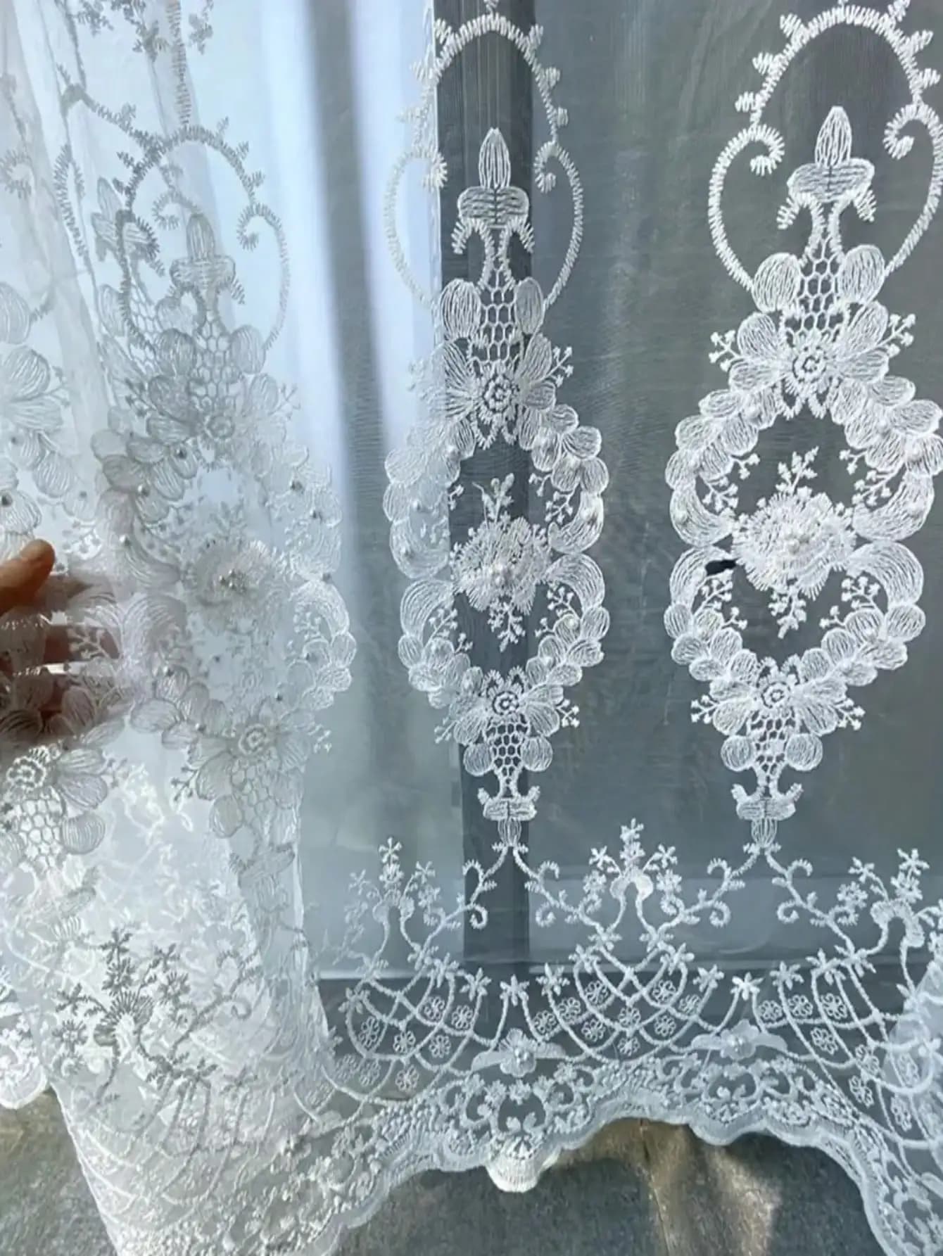 1pc White Pearl Flower Embroidered Sheer Curtain,Light Filtering Gauze Curtains for Living Room Bedroom Luxury Home Decor