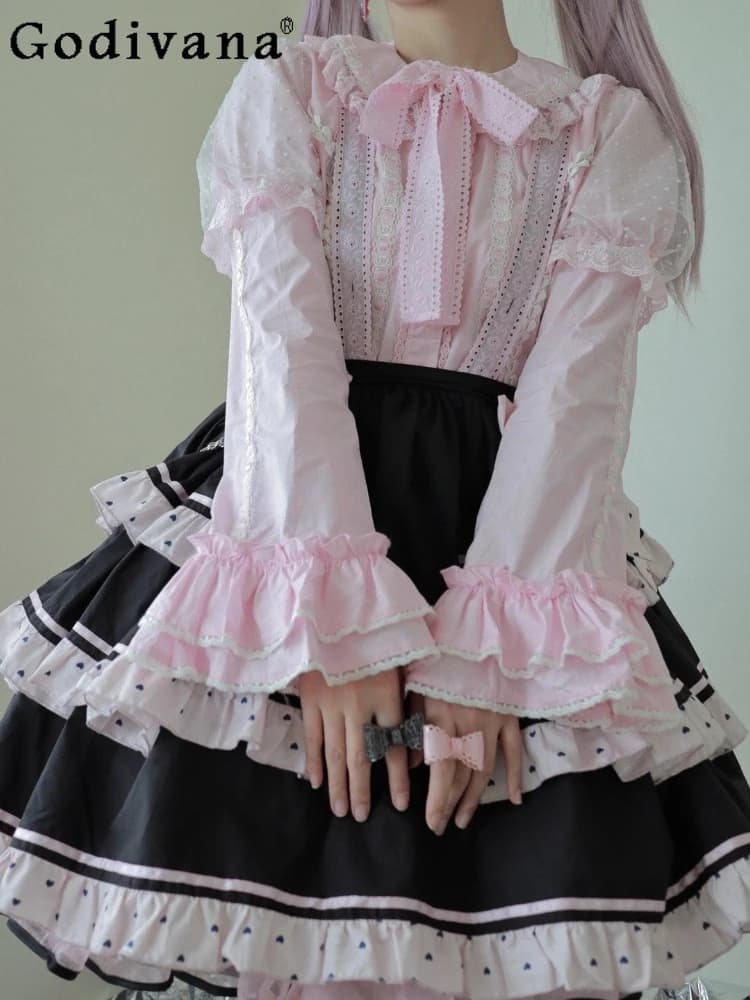 Camicie interne Lolita originali Autunno Nuove ragazze Fiocco carino Slim Fit Elegante maniche di giunzione Camicette Stile giapponese Lo Top Mujer