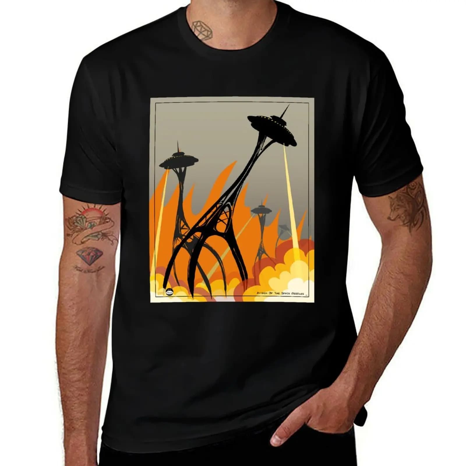 T-shirt Attack of the Space Needles, t-shirt sportiva da palestra di grandi dimensioni