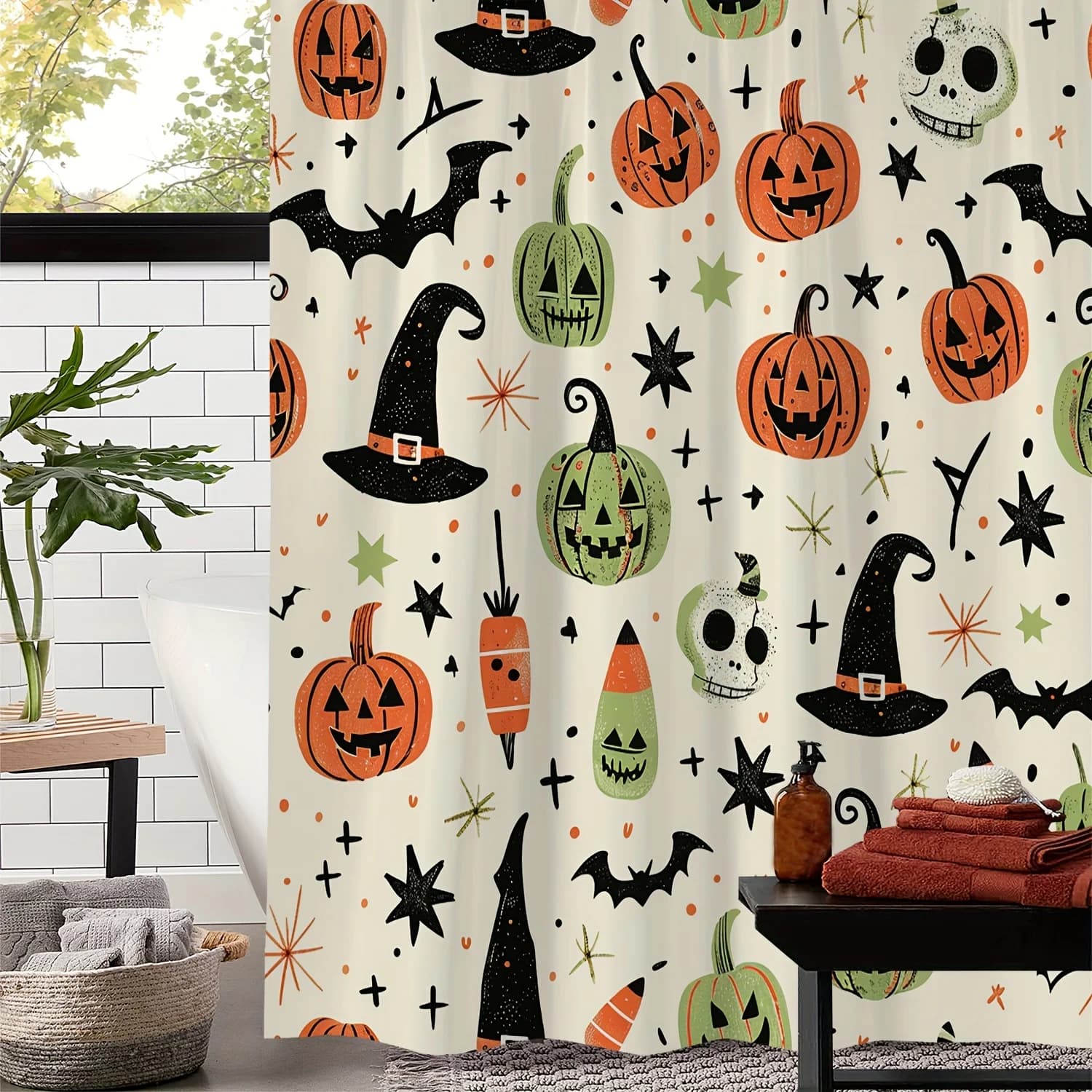 Tenda da doccia con zucca e cappello da strega di Halloween, design spettrale Jack-O'-Lantern, pipistrello, stella e ragnatela