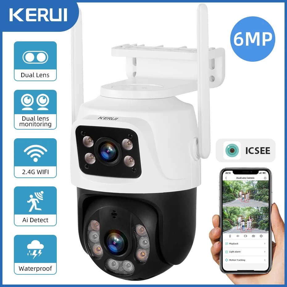 KERUI Outdoor Wireless 6MP Doppia Lente WiFi IP Camera di Sicurezza Domestica CCTV Video Sorveglianza Rilevamento Umano Doppio Schermo Icsee