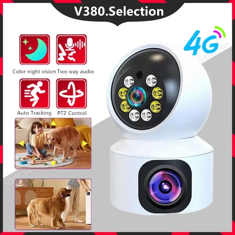Telecamera a doppio obiettivo 8MP 4K Scheda SIM 4G Webcam per interni Smart Home Visione notturna a colori Protezione di sicurezza CCTV
