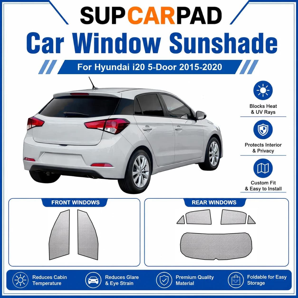 For Hyundai - Hyundai i20 5-Door 2015-2020 Full Set Car Window Sunshades UV Block Privacy Heat Insulated Foldable Car Curtain