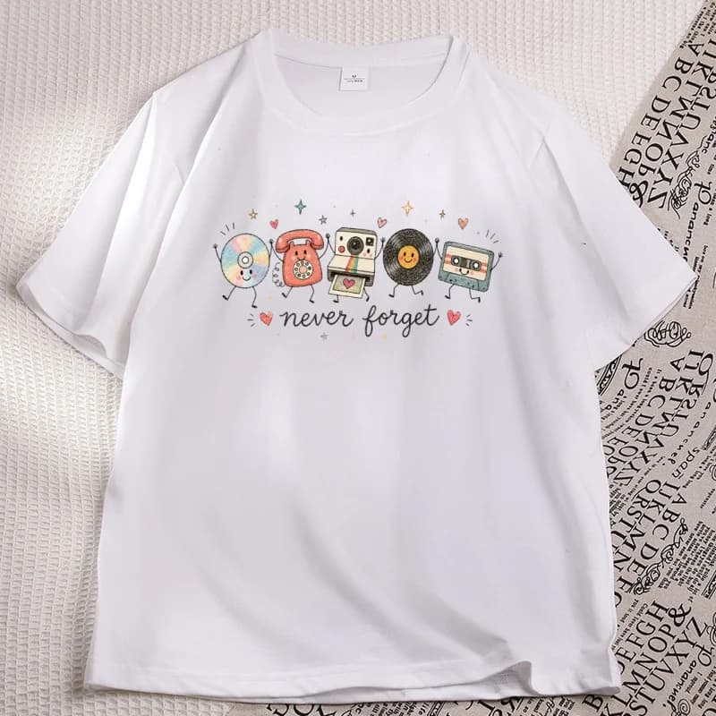 Never Forget Tshirts Cute Retro 90s T-Shirt Funny Vintage Graphic Cassette Tape Printed Tshirts Casual Cotton Printed Unisex