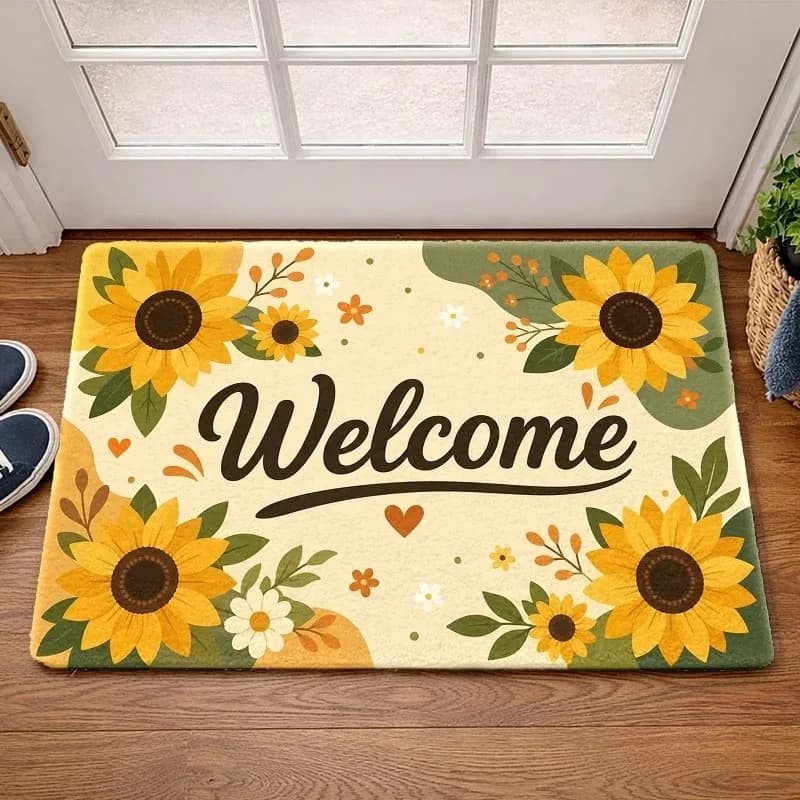 Simpatico tappeto di benvenuto con margherite e girasoli, tappeto estetico con motivi floreali, tappetino vibrante per l'ingresso estivo e autunnale, per la porta d'ingresso