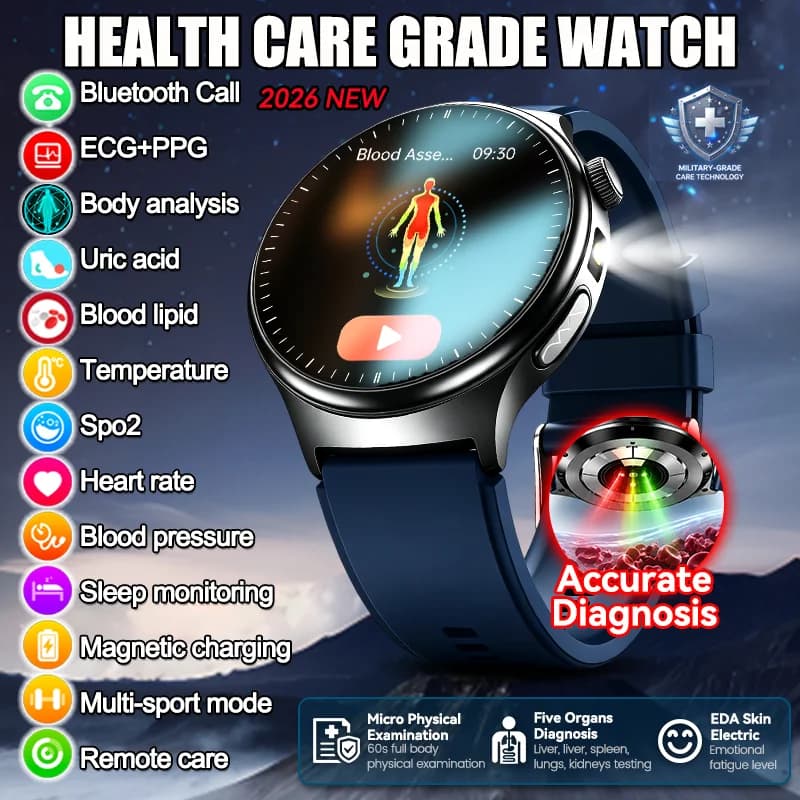 New Health Care Men Smart Watch ECG Uric Acid Hypertension Blood Oxygen Temp Five Organs Physical Examination BT Call Smartwatch
