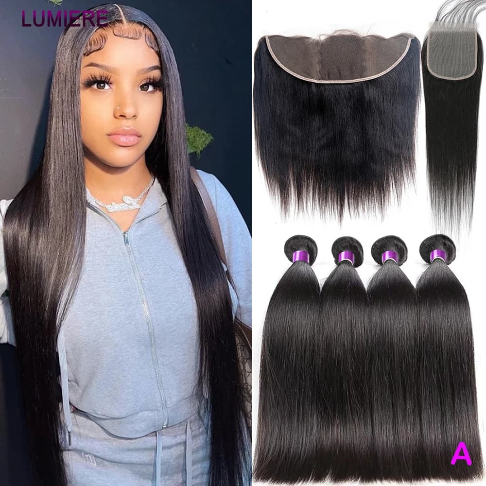 18A Wholesale Top Quality Bone Straight Bundles with HD Closure Frontal 100% Virgin Human Hair Weave 3/4 Bundles Cheap Extension