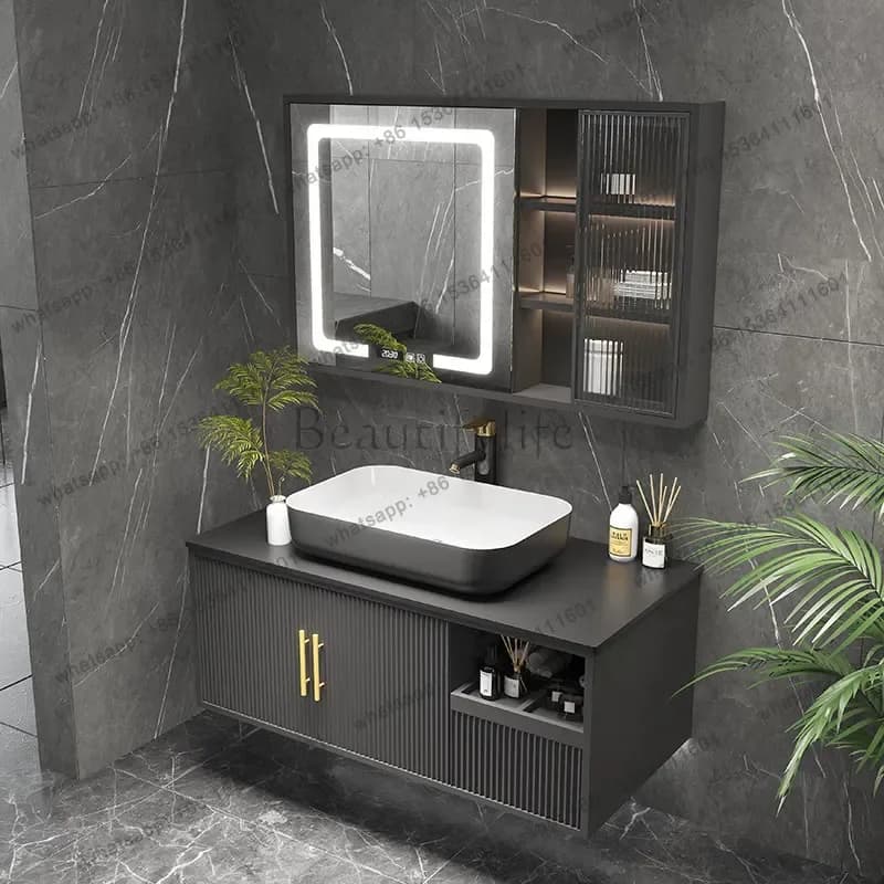 Lavabo in ceramica su tavolo in lastra di roccia, mobile da bagno, WC, lavabo per il lavaggio del viso, lavabo, mobile a specchio intelligente.