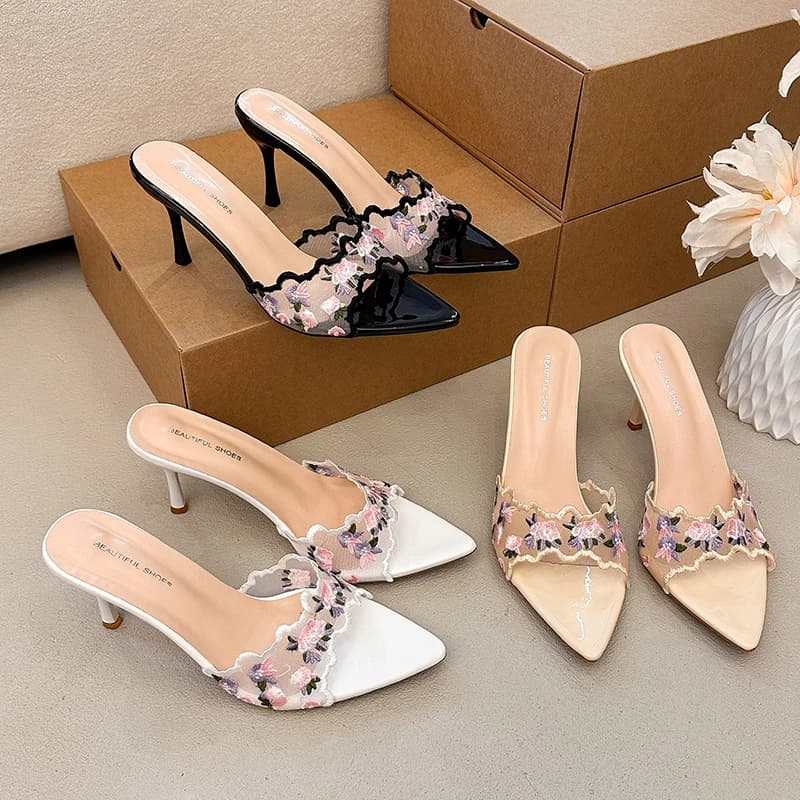 Women Elegant Thin High Heels Slippers New Summer Sexy Lace Breathable Pointed Toe Sandals Party Dress Slide Female Shoes
