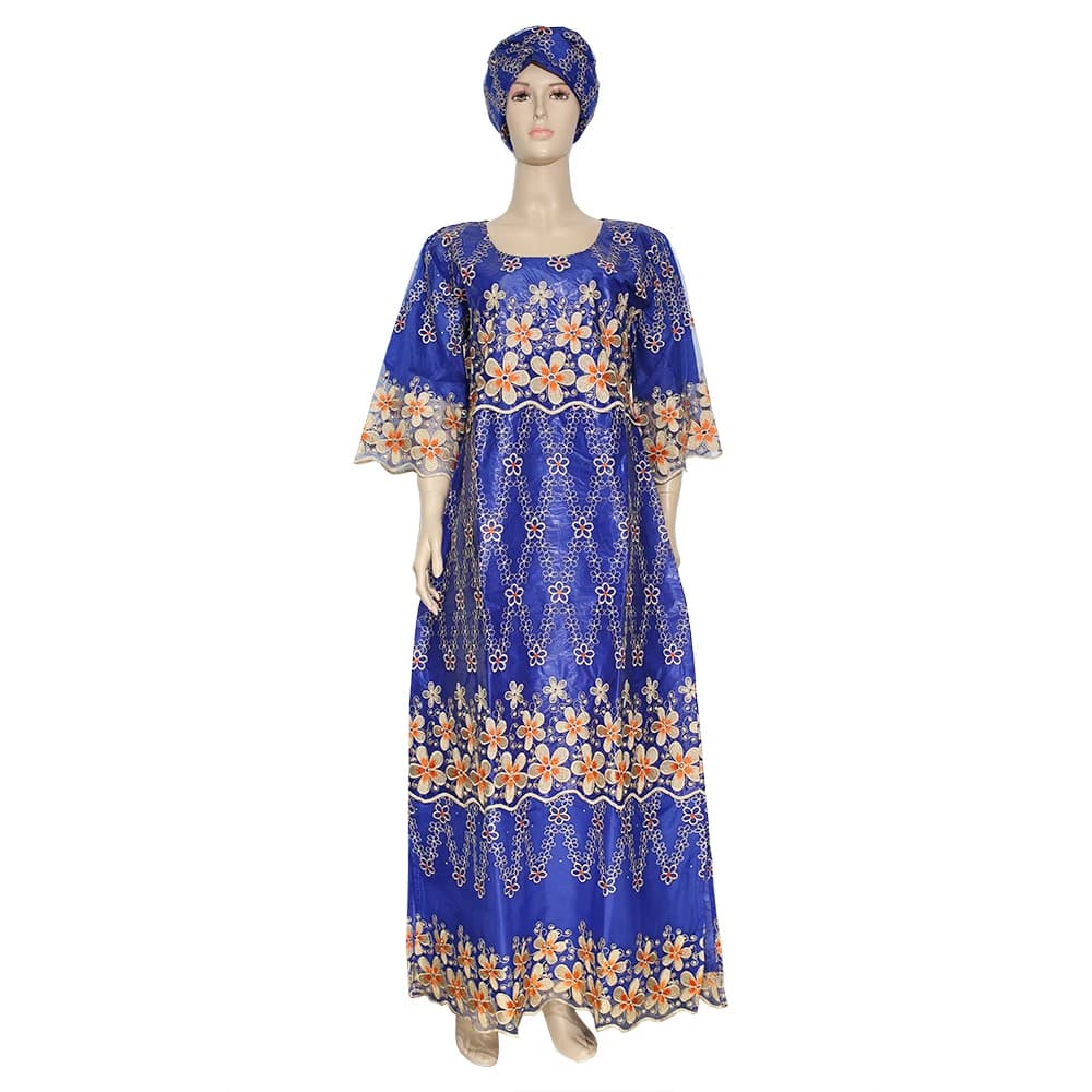 H&D African Dresses For Women Traditional Blue Abayas Embroidery Clothes Ankara Bazin Maxi Robes Africain Wedding Turban Dress