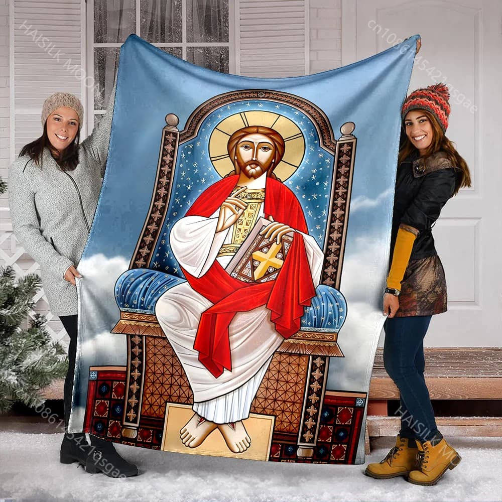Religious figure holding book on throne print blanket Prayer blankets for believers suitable for home sofa camping travel car