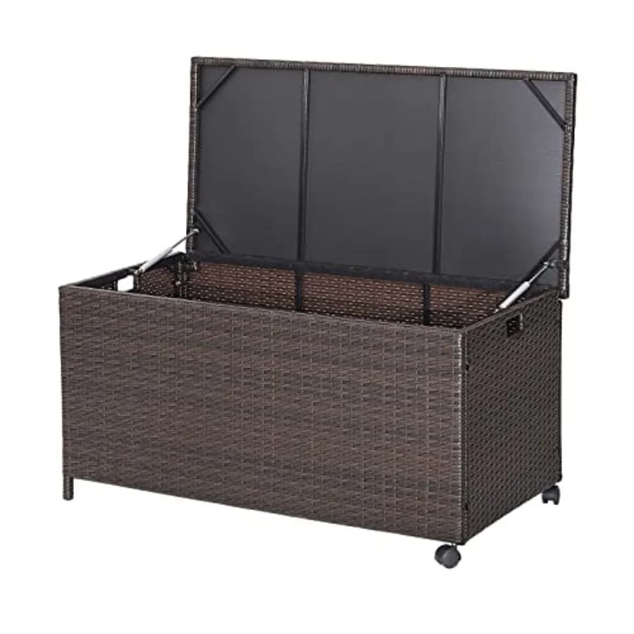 50 Gallon Synthetic Vimini Outdoor Storage Container for patio, weatherproof, with top cover, protective coating and wheels