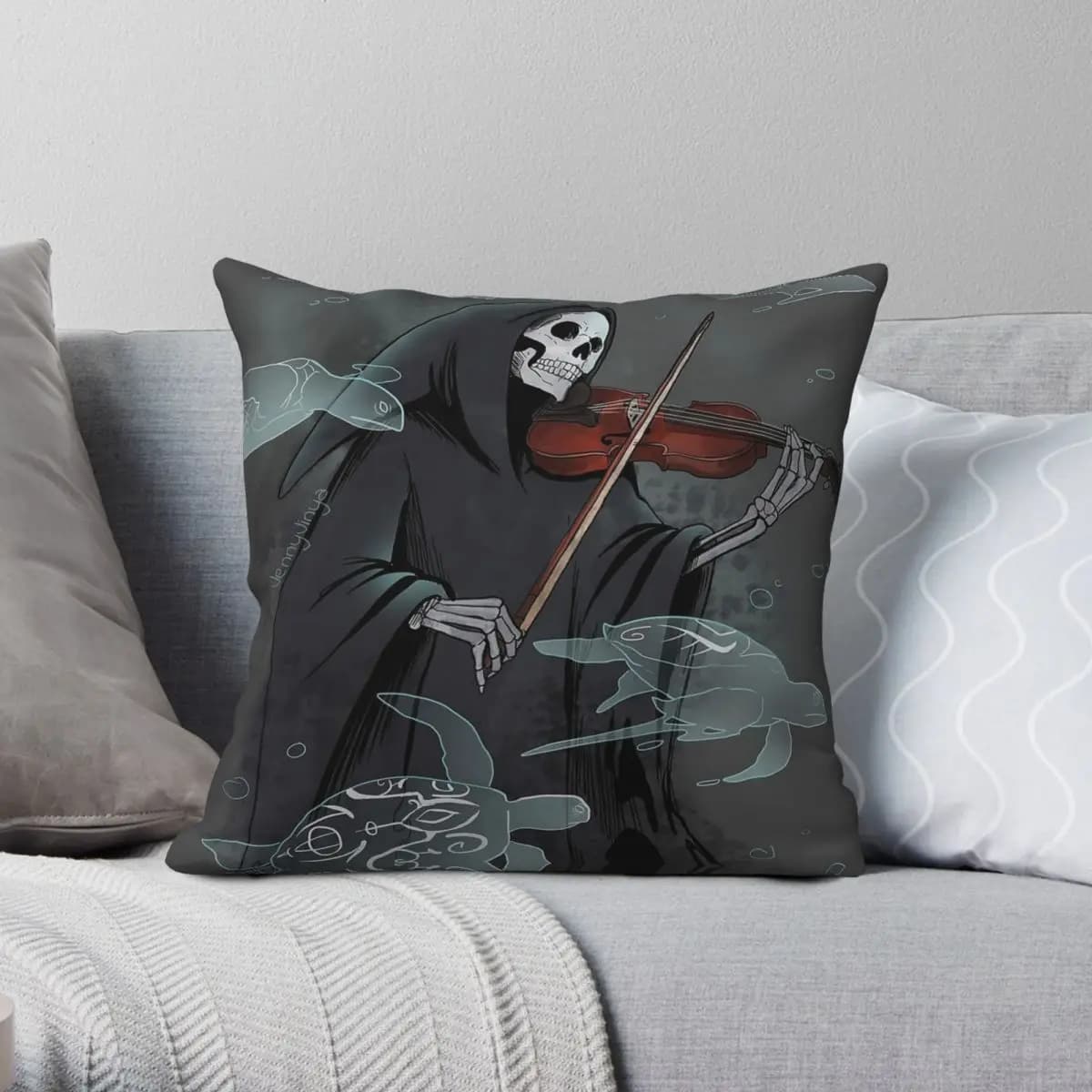 Grim Reaper Violino Symphony Federa Poliestere Lino Velluto Creativo Zip Federa Decorativa Divano Posti Fodera per Cuscino 18"
