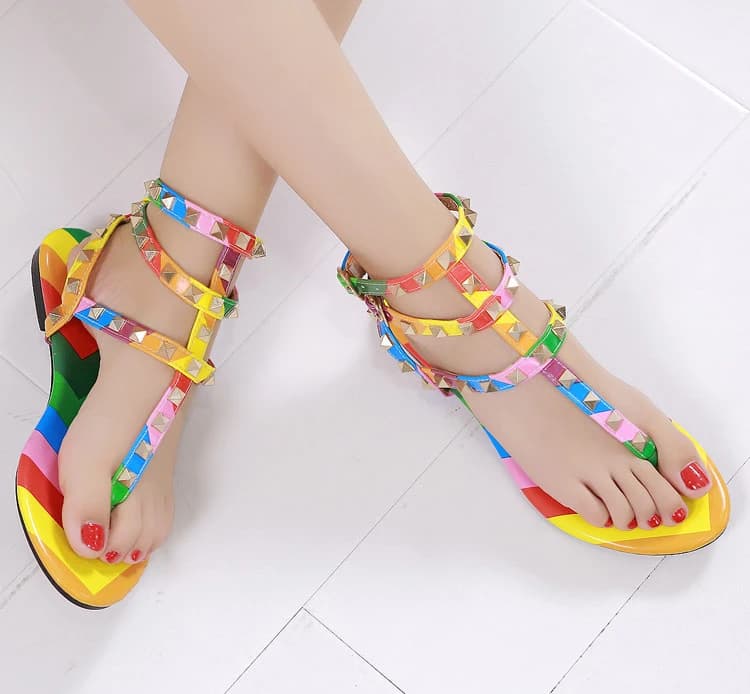 Rainbow Studded Strappy Gladiator Sandals Ankle Strap Flat Flip Flop Women Shoes Beach Red Punk Rock Rivet Cool Girl Shoes