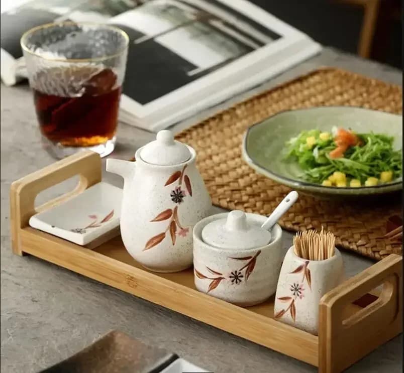 Barattolo di condimento in ceramica giapponese Forniture da cucina Scatola di condimento per la casa Scatola di stuzzicadenti Pentola per olio Set di piatti per salsa per immersione Barattolo di spezie