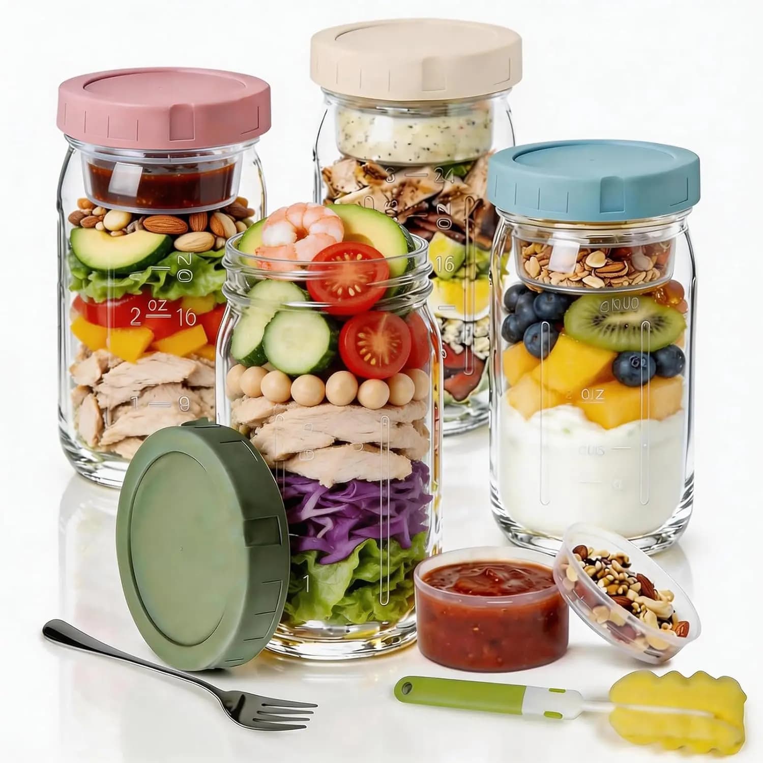Set di 4 Barattoli in Vetro per Insalata con Contenitori per Condimenti, 32oz, Ermetici, con 2 Scomparti Integrati