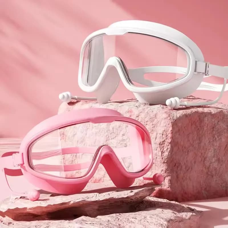 1 paio di occhialini da nuoto estivi con montatura grande per bambini, antiappannamento, senza perdite d'acqua, con visione ampia e chiara, occhiali da immersione subacquea con tappi per le orecchie