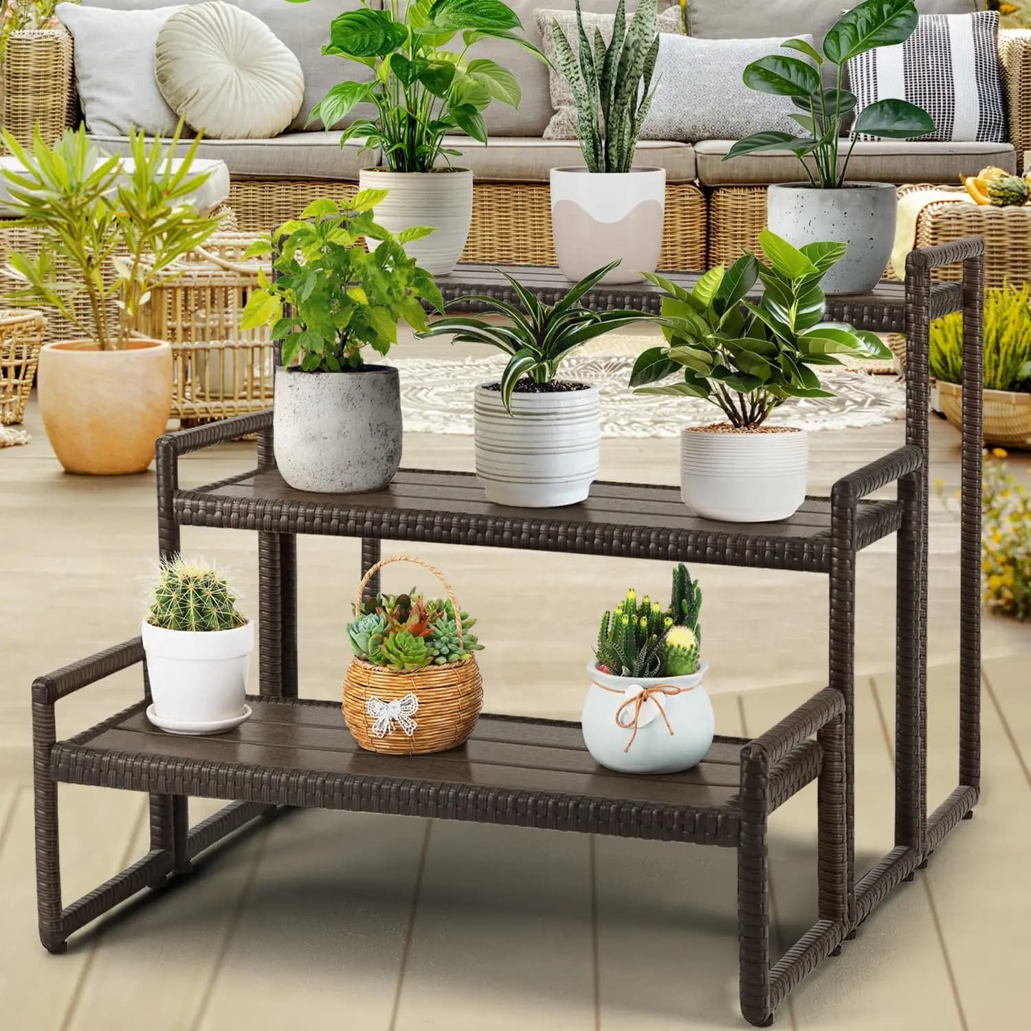 3 Tier Outdoor Plant Display Rack Heavy Duty Stackable Flower Pot Holder with Adjustable Feet, Poly Lumber Wicker Shelves Tall Multi-Tier Patio Planter Stand in Brown