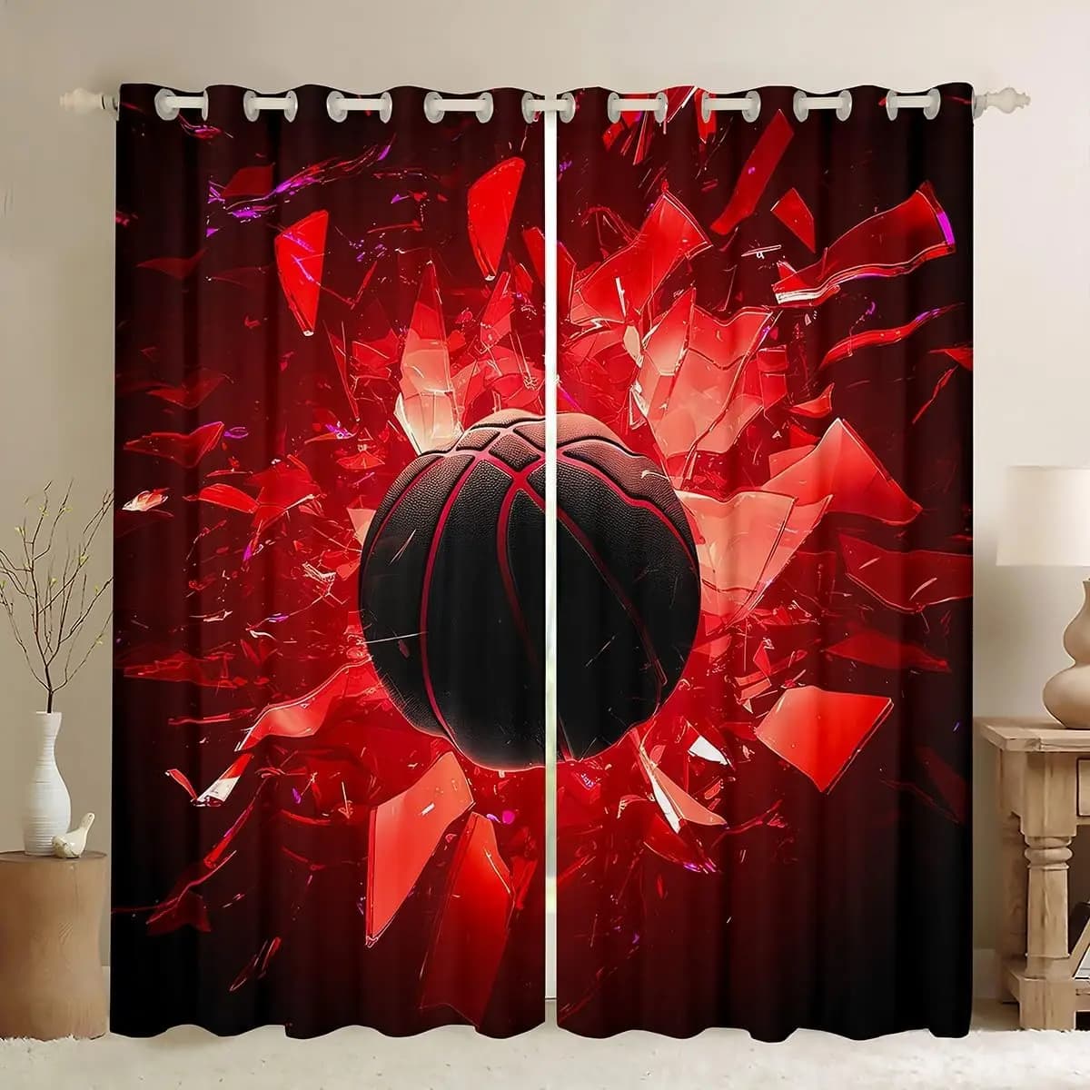 Red Basketball Curtains Polyester Window Drapes for Living Room Sports Theme Decor Game Lover Curtains Waterproof Curtains