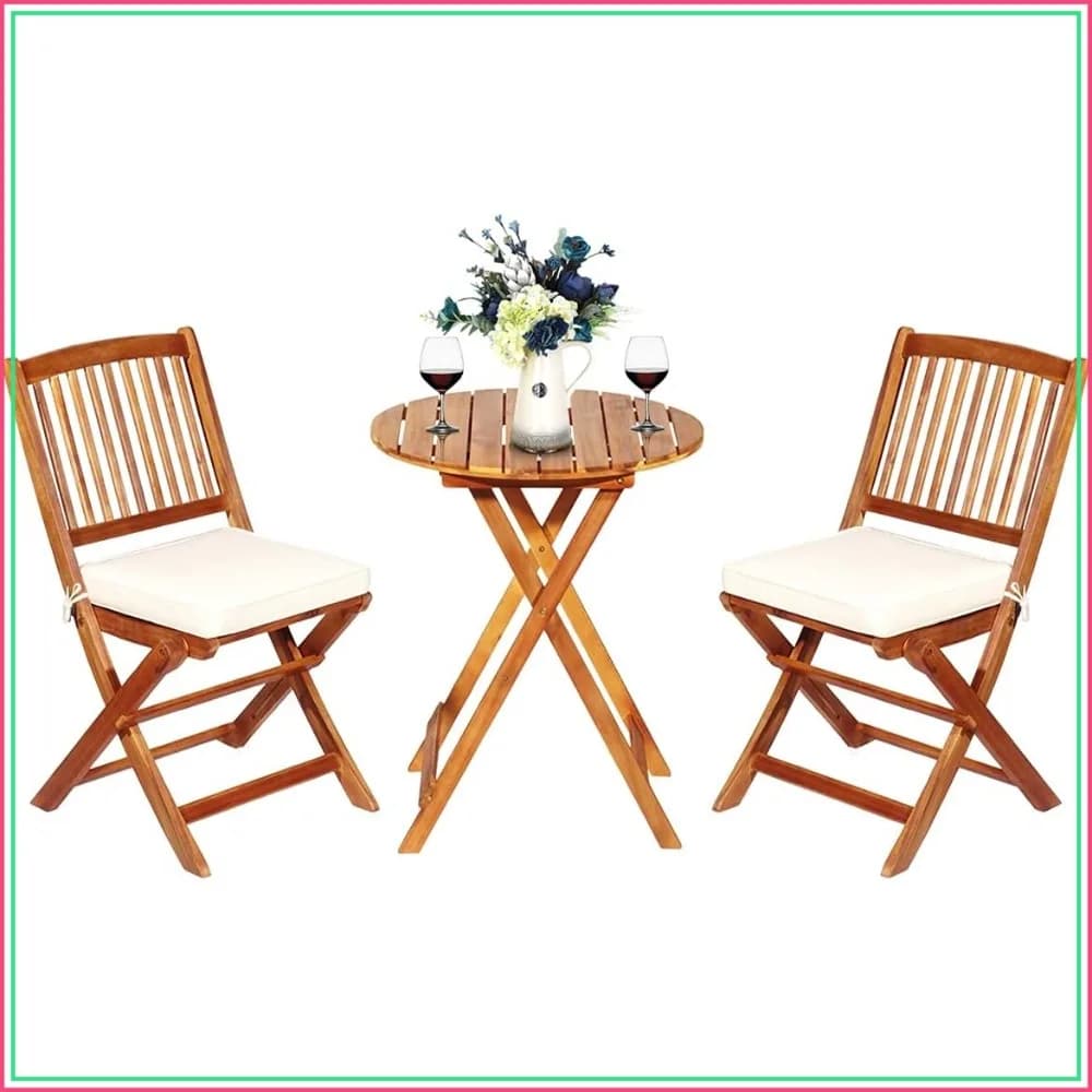 3-Piece Acacia Wood Folding Patio Bistro Set, Small Outdoor Balcony Furniture, Round Coffee Table and 2 Chairs with Soft Cushions for Porch, Backyard, Deck (Cream White)