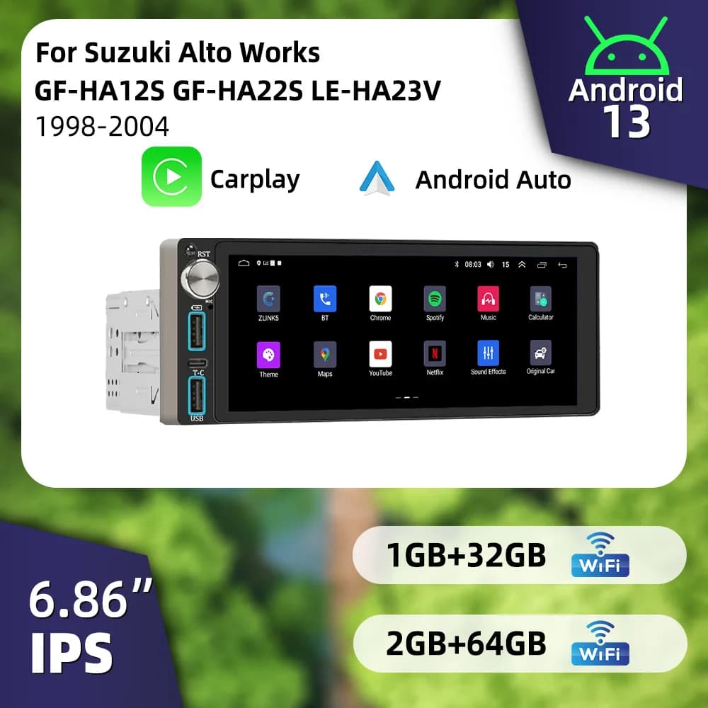 Autoradio Wireless CarPlay Android 6.86" 1 Din per Suzuki Alto Works GF-HA12S GF-HA22S LE-HA23V 1998-2004 con GPS