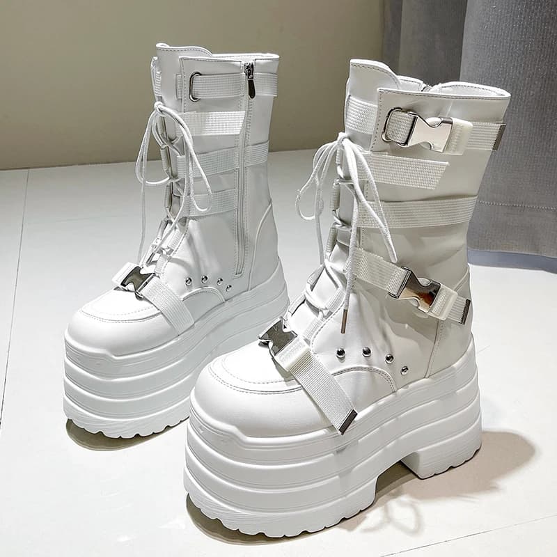 13.5CM,17CM Stivali punk da donna Piattaforma autunnale Sneakers in pelle da esterno Stivali da moto robusti Scarpe da discoteca per feste